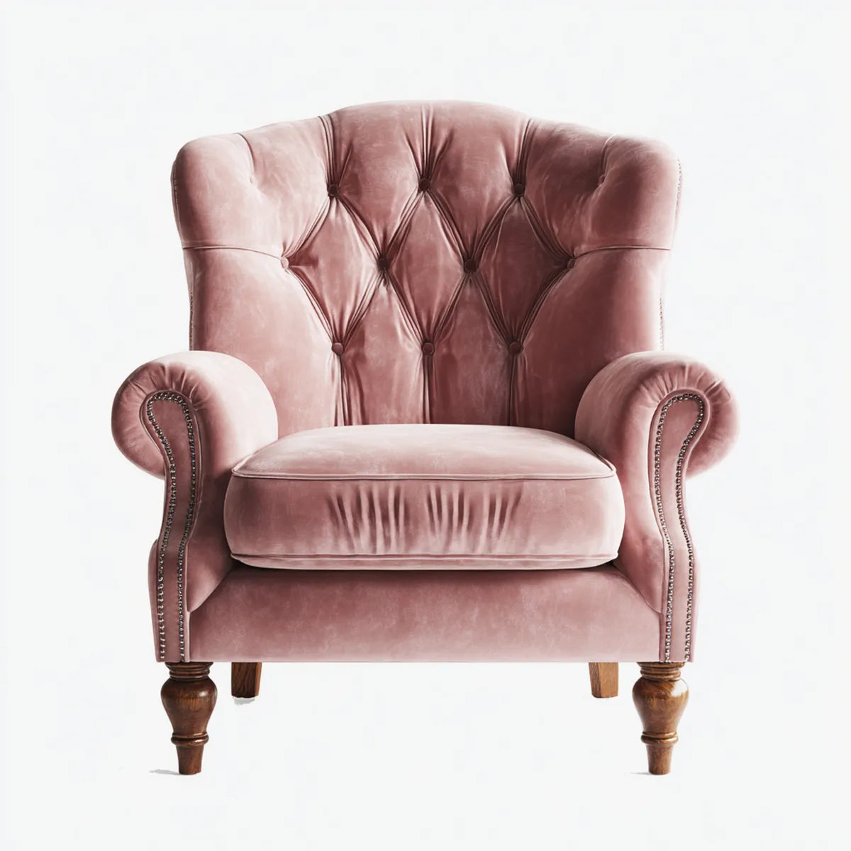 Fauteuil Chesterfield rose poudré en velours polyester capitonné à accoudoirs arrondis 83 x 86 x 102 cm