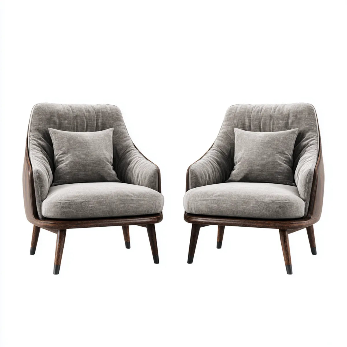 Lot de 2 fauteuils lounge gris à dossier arrondi en polyester et bois massif 75 x 78 x 85 cm