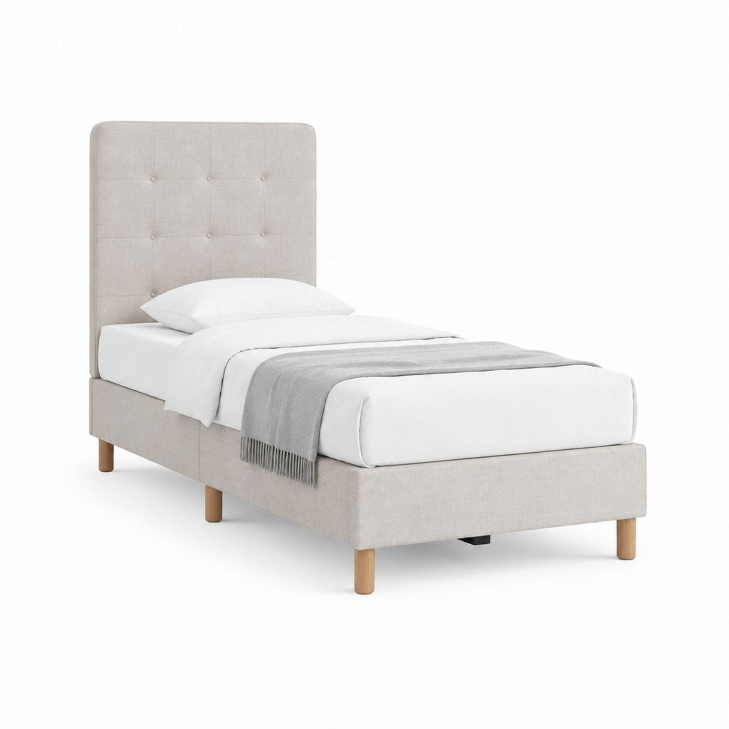 Lit simple tapissé beige en polyester avec tête de lit capitonnée 90 x 190 cm