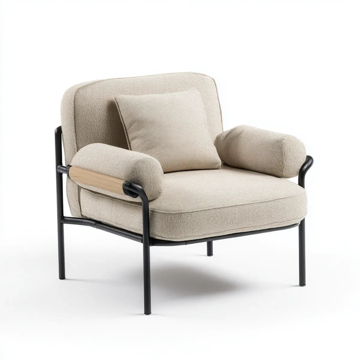 Fauteuil de salon beige à structure en acier et hêtre forme rectangulaire 80 x 78 x 78 cm