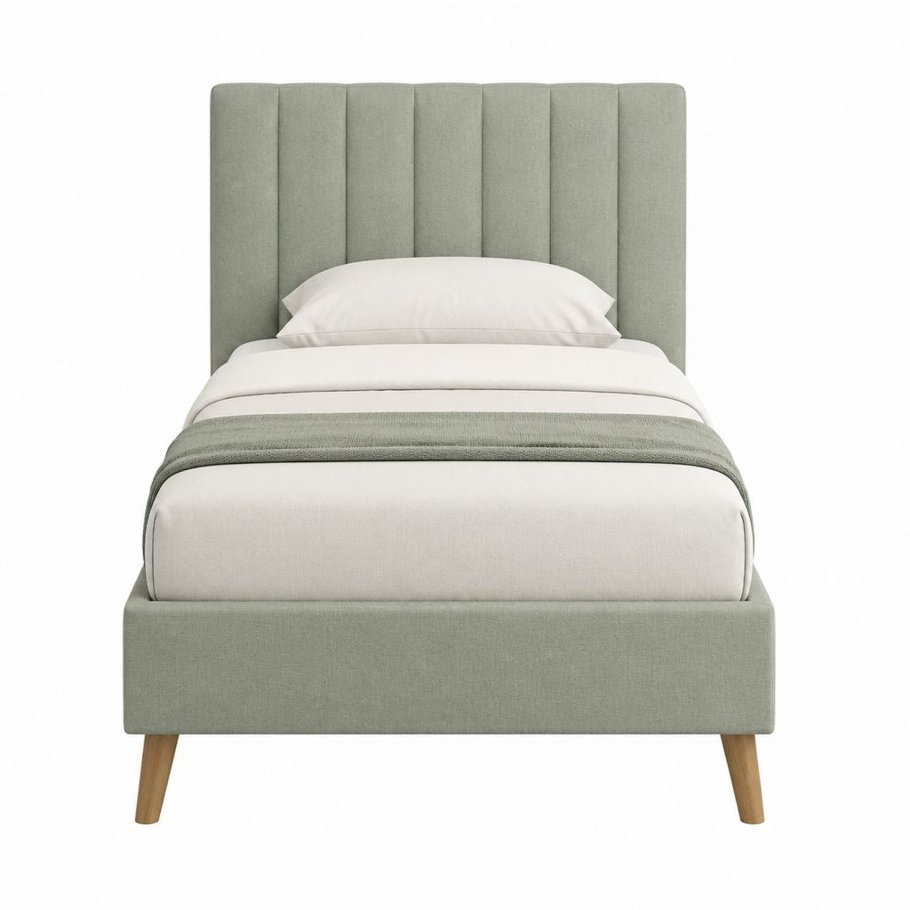 Lit simple 90 x 190 cm vert sauge en polyester avec tête de lit capitonnée