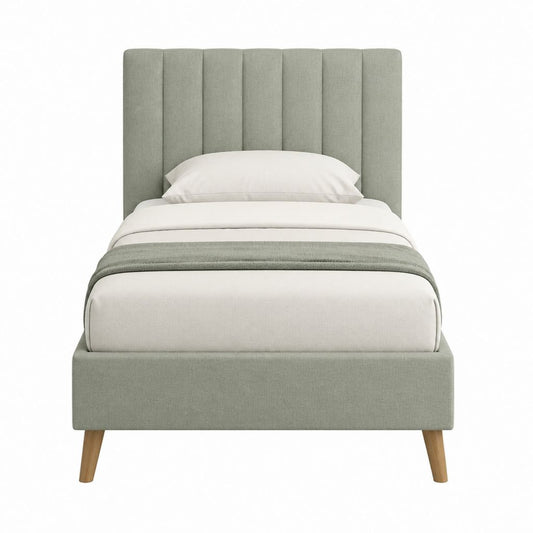 Lit simple 90 x 190 cm vert sauge en polyester avec tête de lit capitonnée