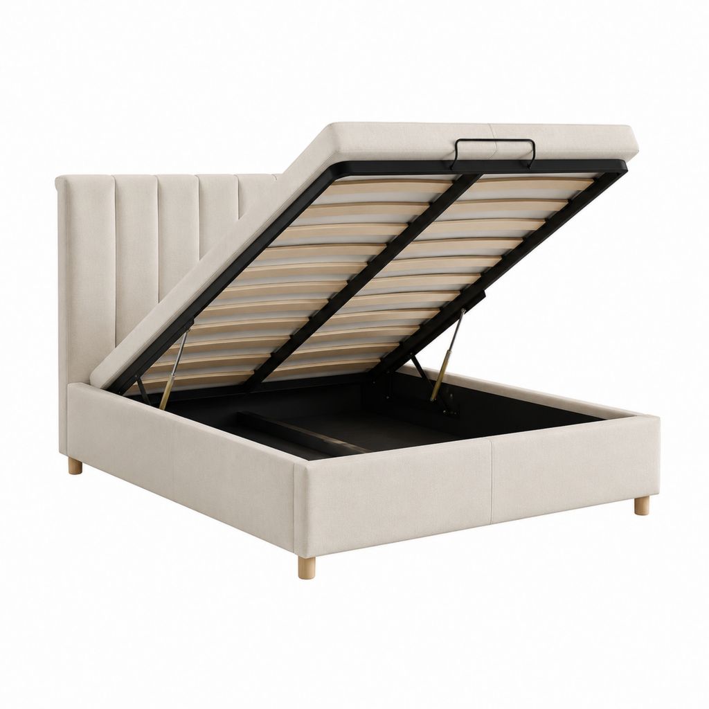 Lit coffre 160 x 200 cm beige en polyester avec sommier à lattes et ouverture hydraulique