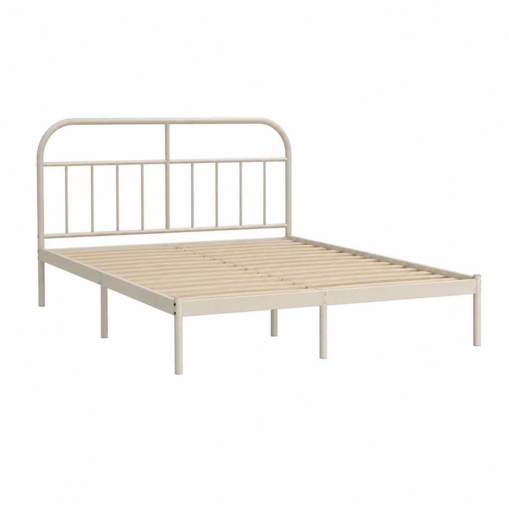 Cadre de lit simple en acier beige avec sommier à lattes 90 x 190 cm