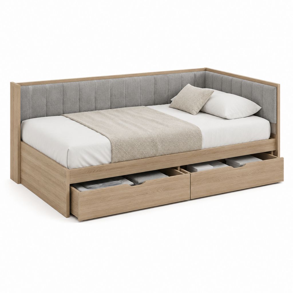 Lit banquette 90 x 200 cm chêne clair et polyester gris avec 2 tiroirs
