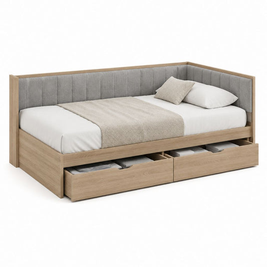Lit banquette 90 x 200 cm chêne clair et polyester gris avec 2 tiroirs