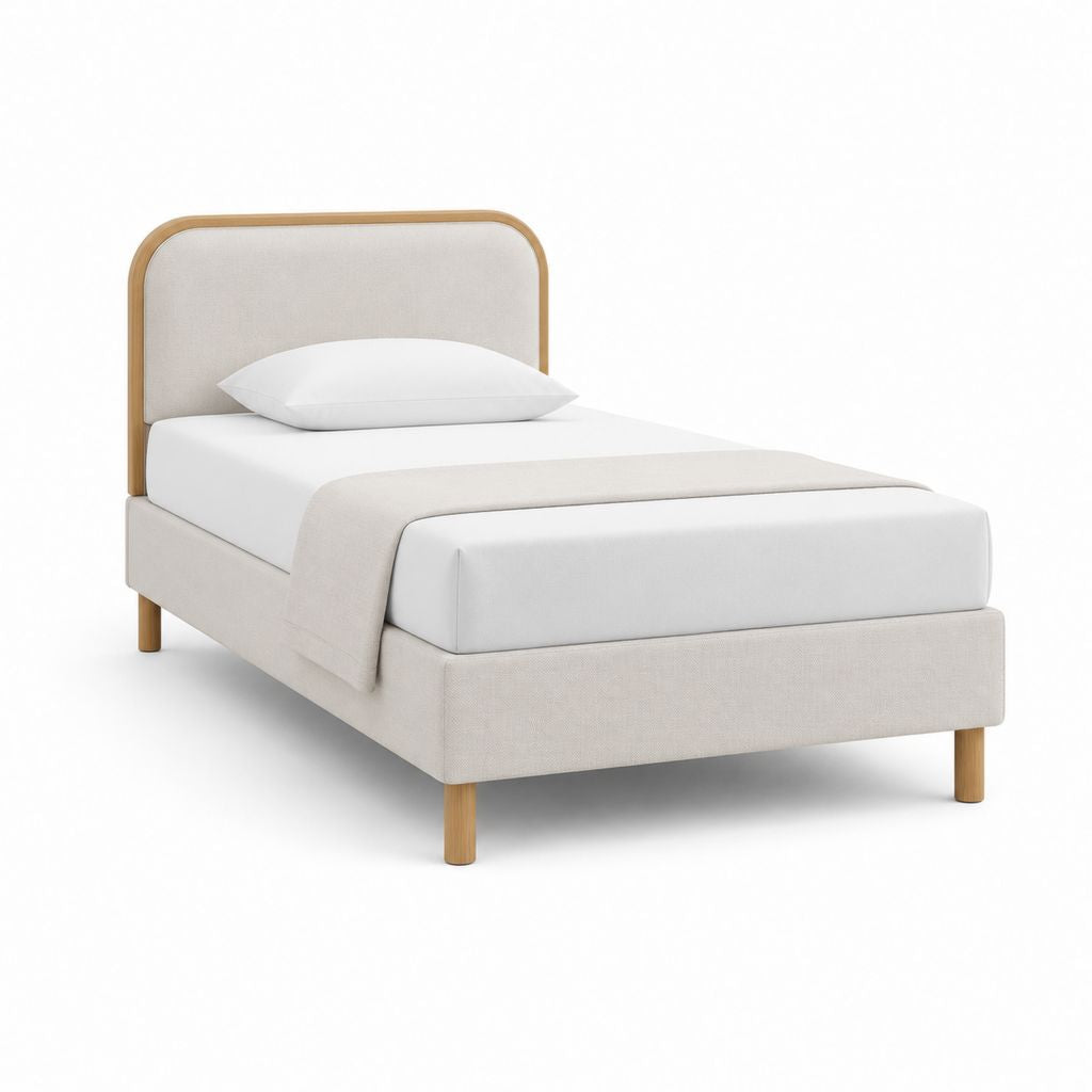 Lit simple 90 x 200 cm beige en polyester avec tête de lit rembourrée et pieds en bois massif