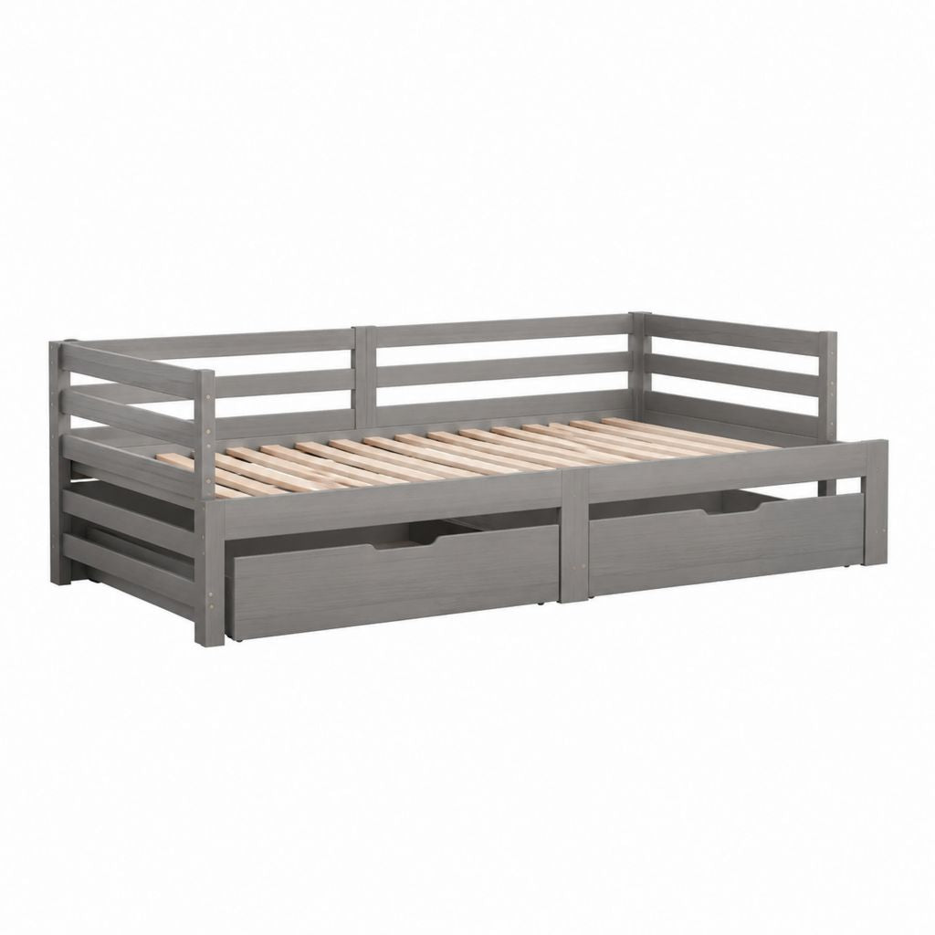 Lit enfant avec tiroirs gris en pin massif 90 x 190 cm