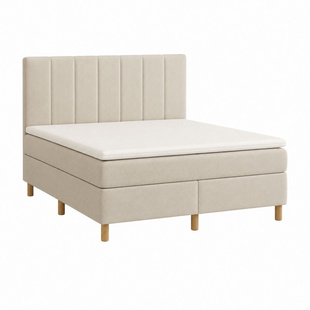 Lit boxspring 160 x 200 cm beige en polyester avec tête de lit capitonnée