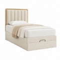 Lit coffre 90 x 190 cm beige en polyester avec tête de lit en placage chêne