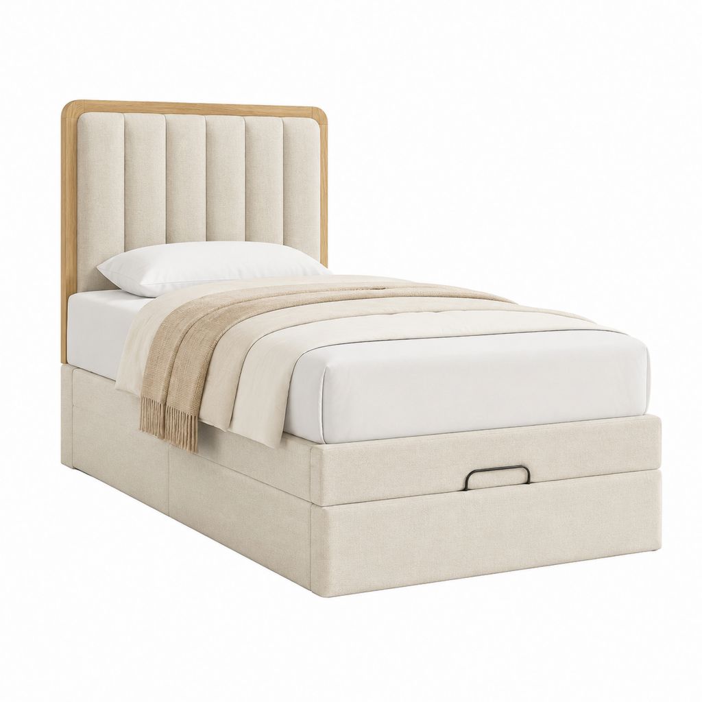 Lit coffre 90 x 190 cm beige en polyester avec tête de lit en placage chêne