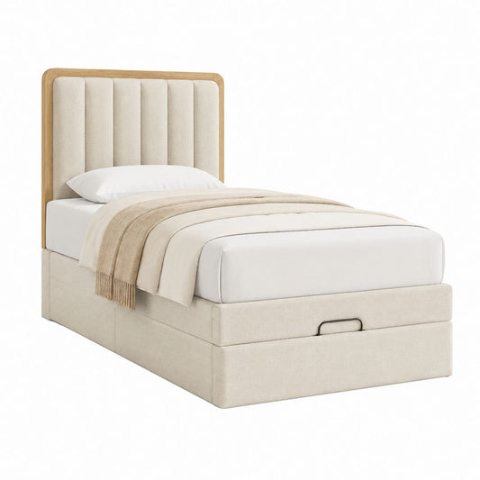 Lit coffre 90 x 190 cm beige en polyester avec tête de lit en placage chêne