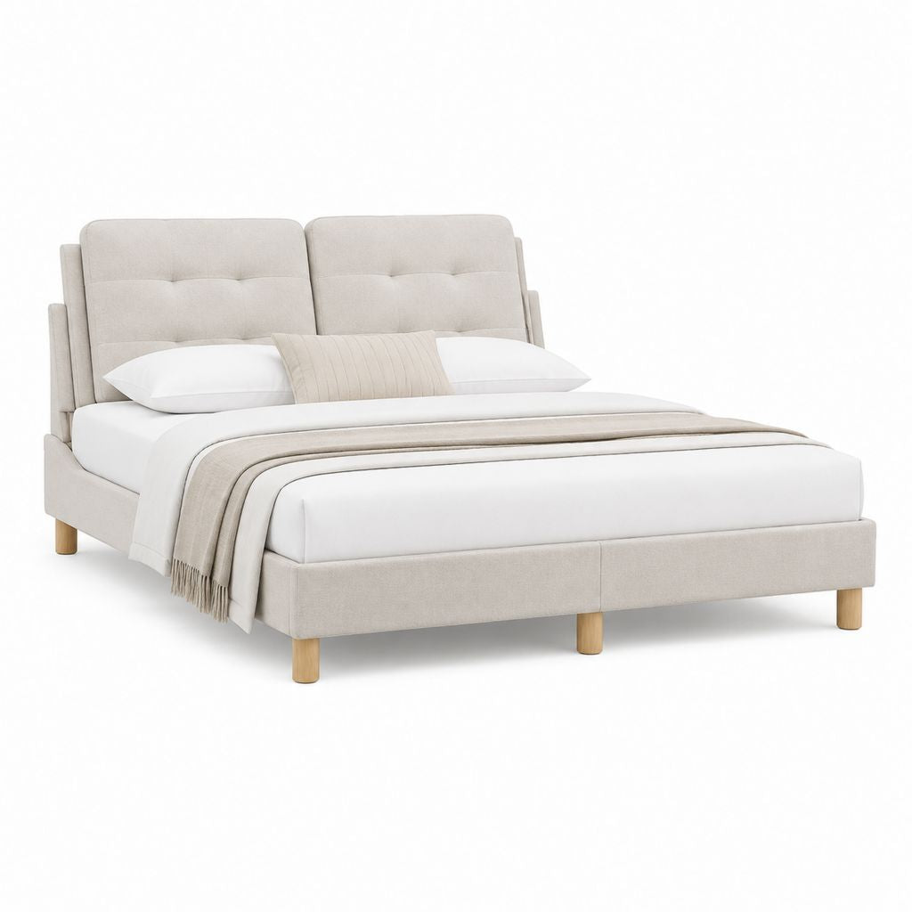 Lit double avec cadre beige en polyester et pieds en bois massif 160 x 200 cm