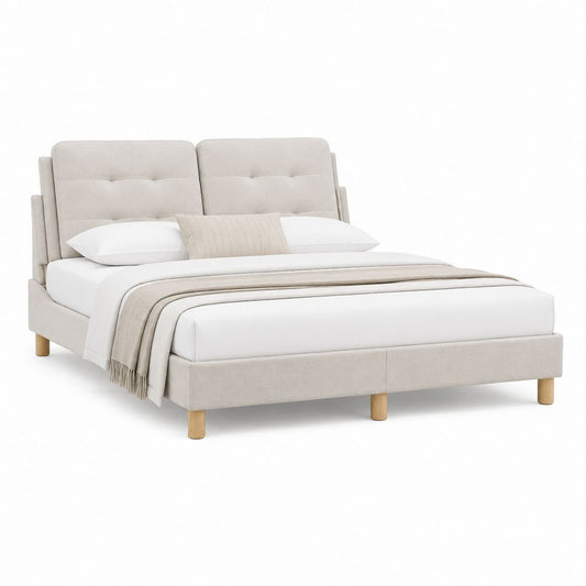 Lit double avec cadre beige en polyester et pieds en bois massif 160 x 200 cm