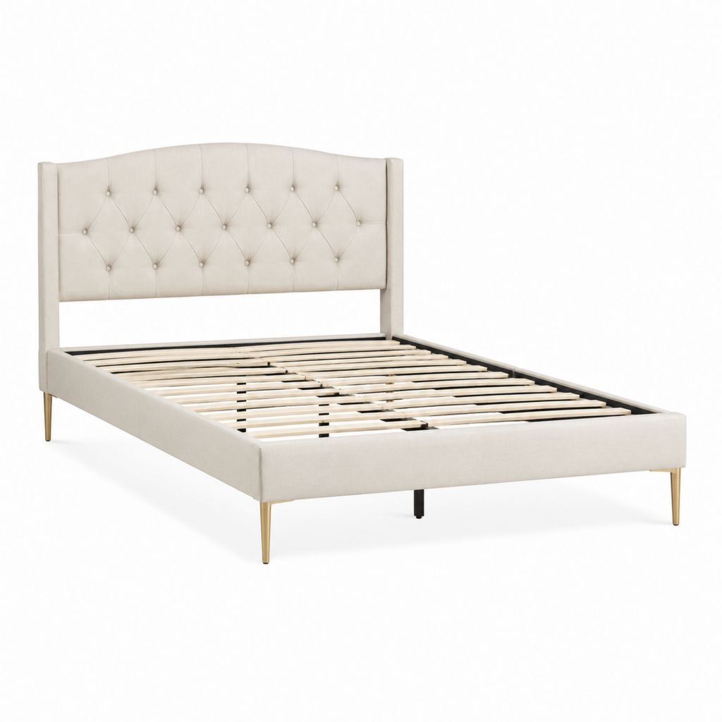 Lit double capitonné beige en polyester avec sommier à lattes 160 x 200 cm