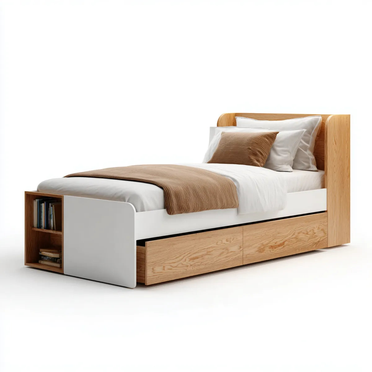 Lit simple avec rangements chêne naturel blanc 90 x 200 cm panneaux MDF rectangulaire