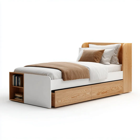 Lit simple avec rangements chêne naturel blanc 90 x 200 cm panneaux MDF rectangulaire