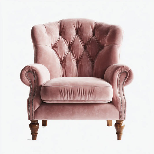 Fauteuil Chesterfield rose poudré en velours polyester capitonné à accoudoirs arrondis 83 x 86 x 102 cm