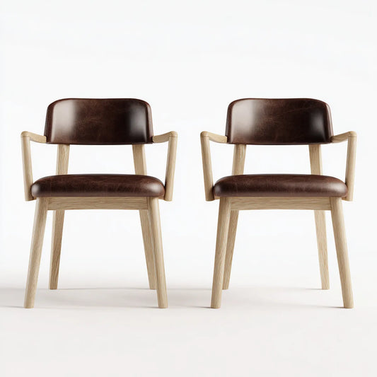 Lot de 2 fauteuils de salon marron en cuir PU et chêne massif 58 x 62 x 76 cm