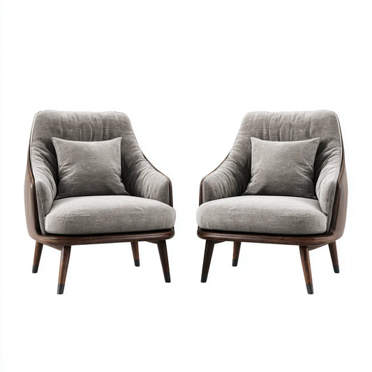 Lot de 2 fauteuils lounge gris à dossier arrondi en polyester et bois massif 75 x 78 x 85 cm