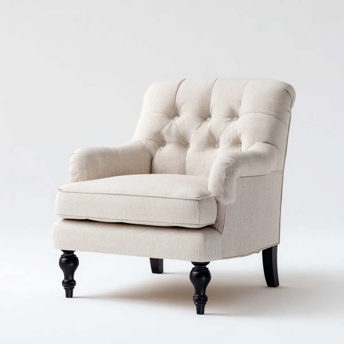 Fauteuil club capitonné beige en polyester avec pieds en bois massif 85 x 90 x 102 cm