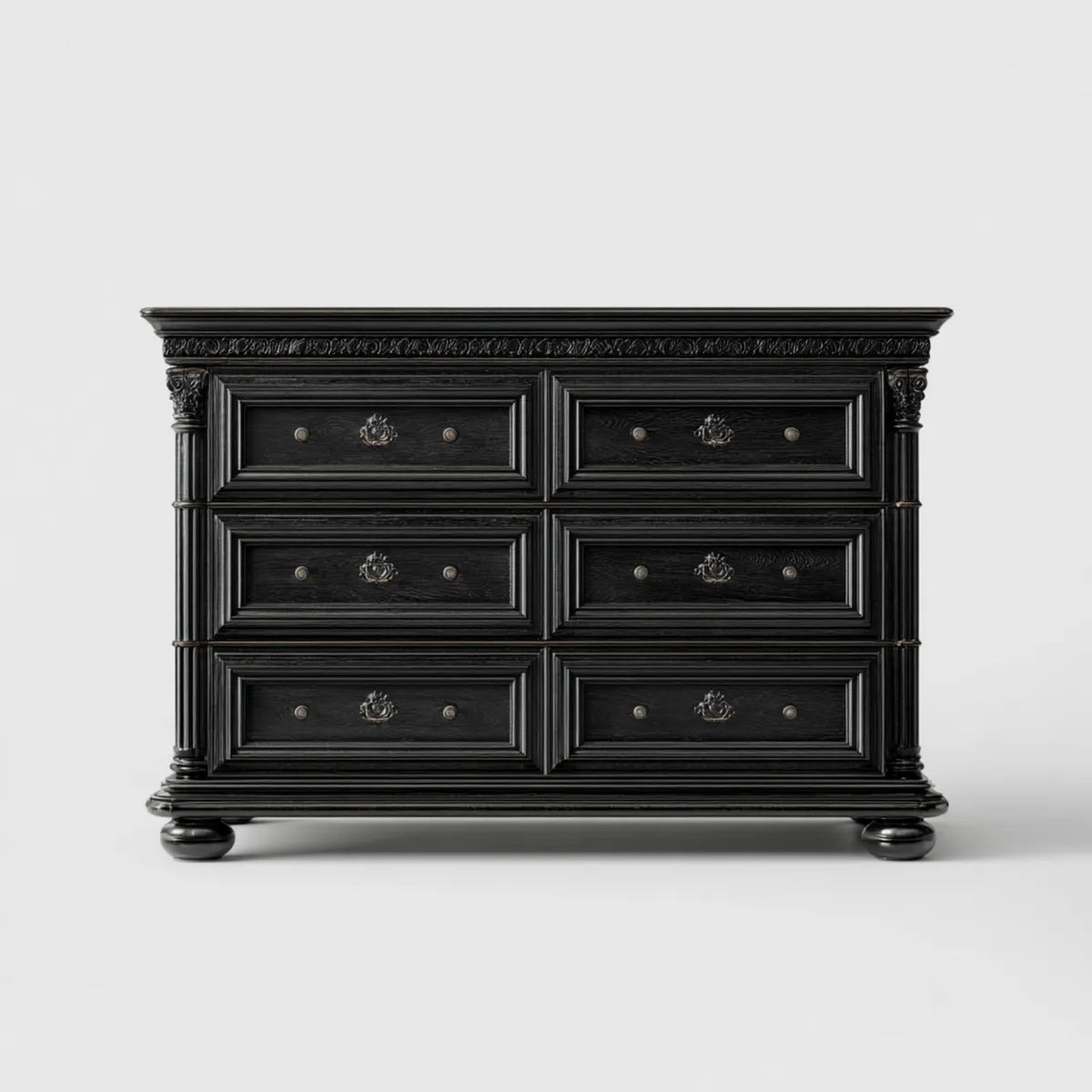 Commode 6 tiroirs noire classique en MDF et bois massif 160 x 50 x 95 cm