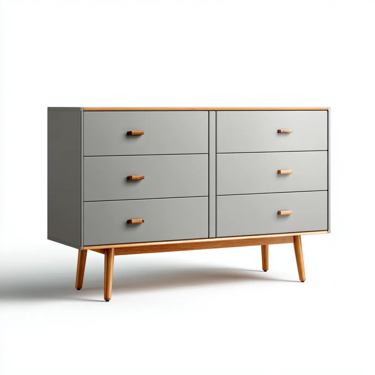Commode 6 tiroirs grise en MDF avec pieds en bois massif 120 x 40 x 80 cm rectangulaire