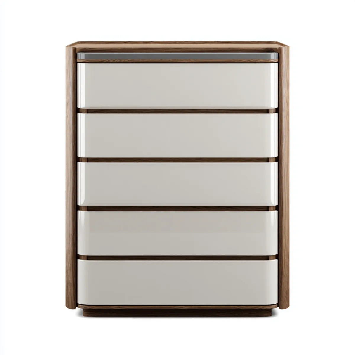 Commode à 5 tiroirs beige et noyer 90 x 45 x 120 cm en MDF laqué et placage de noyer rectangulaire