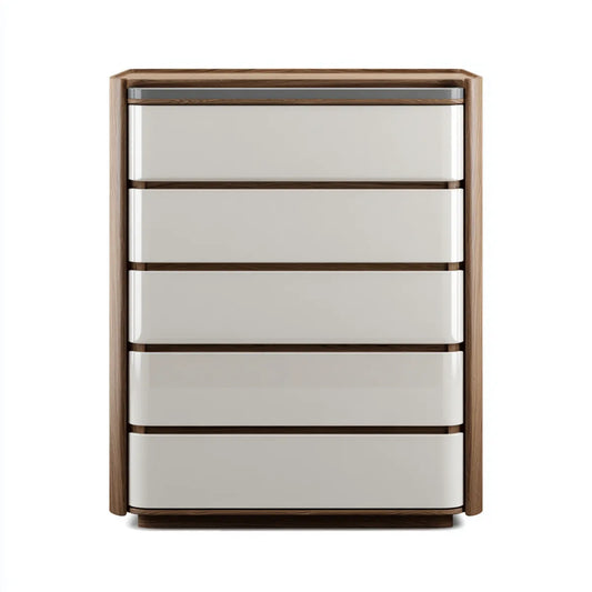 Commode à 5 tiroirs beige et noyer 90 x 45 x 120 cm en MDF laqué et placage de noyer rectangulaire