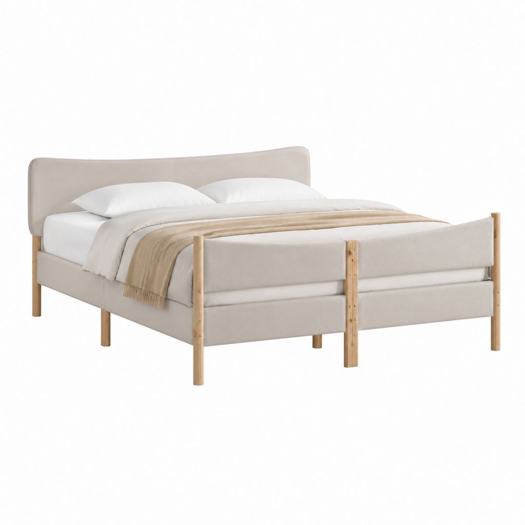 Cadre de lit double rembourré beige en polyester et pin massif 160 x 200 cm
