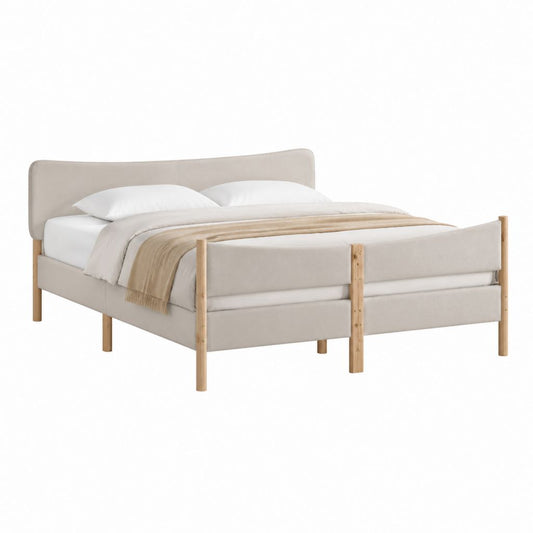 Cadre de lit double rembourré beige en polyester et pin massif 160 x 200 cm