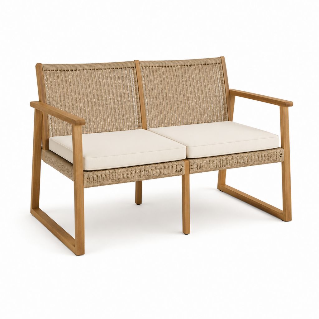 Banc de jardin 2 places naturel en acacia massif et corde en polypropylène 128 x 70 x 80 cm