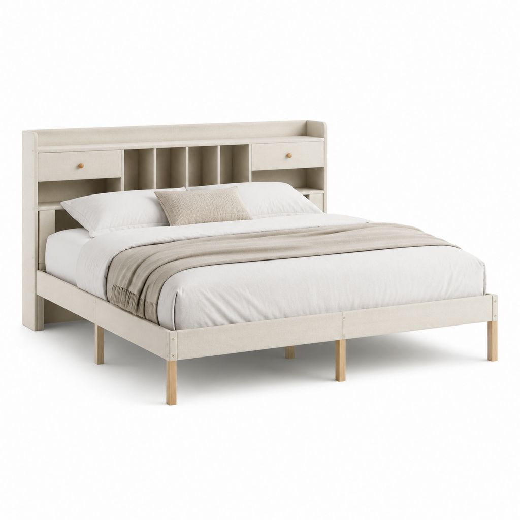 Lit double avec tête de lit de rangement beige en MDF et bois massif 160 x 200 cm