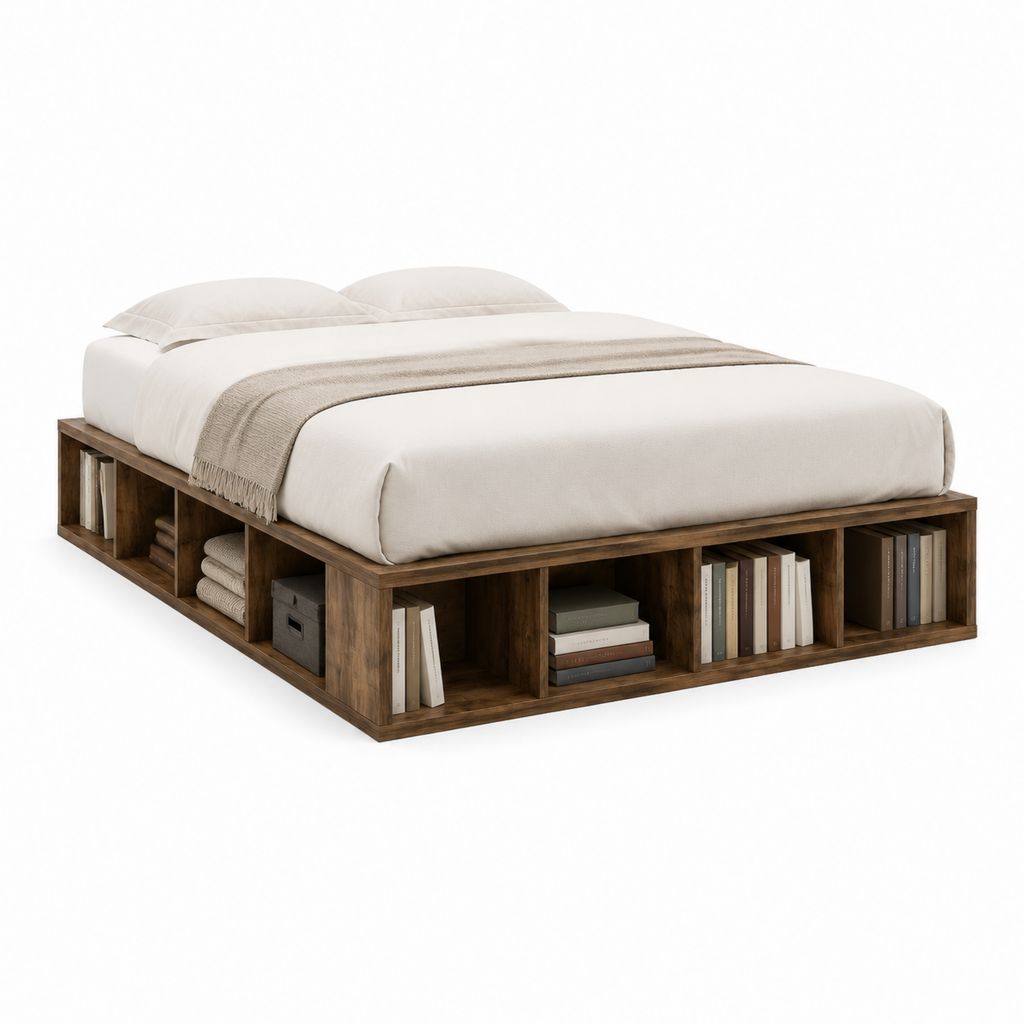 Lit plateforme avec rangement brun noyer en MDF 160 x 200 cm dimensions 220 x 170 x 45 cm