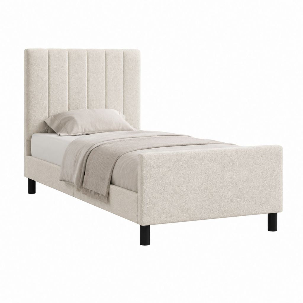 Lit simple capitonné beige en polyester bouclette avec cadre 90 x 190 cm 205 x 100 x 115 cm