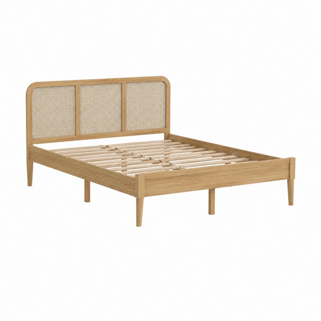 Cadre de lit 160 x 200 cm chêne massif et rotin naturel beige