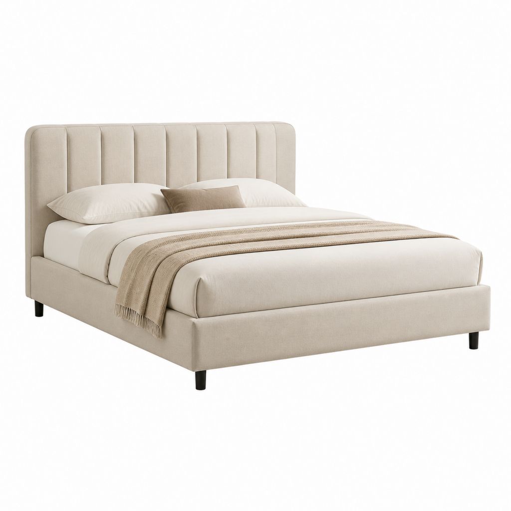 Lit double capitonné beige en polyester avec tête de lit verticale 160 x 200 cm