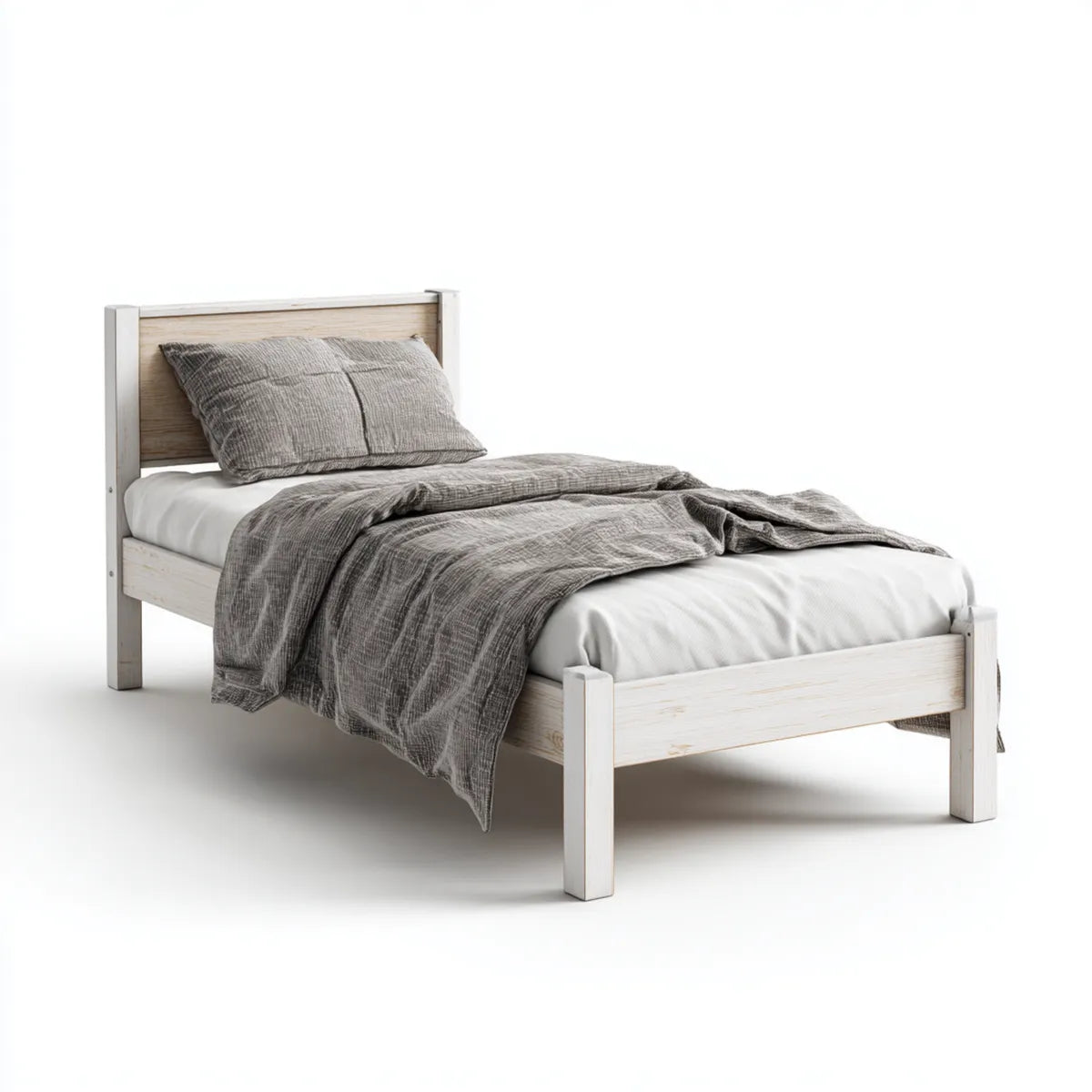 Lit simple en pin massif blanc vieilli et naturel 90 x 190 cm rectangulaire