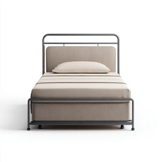 Lit simple 90 x 190 cm beige et noir avec structure en acier et panneaux en polyester rectangulaire