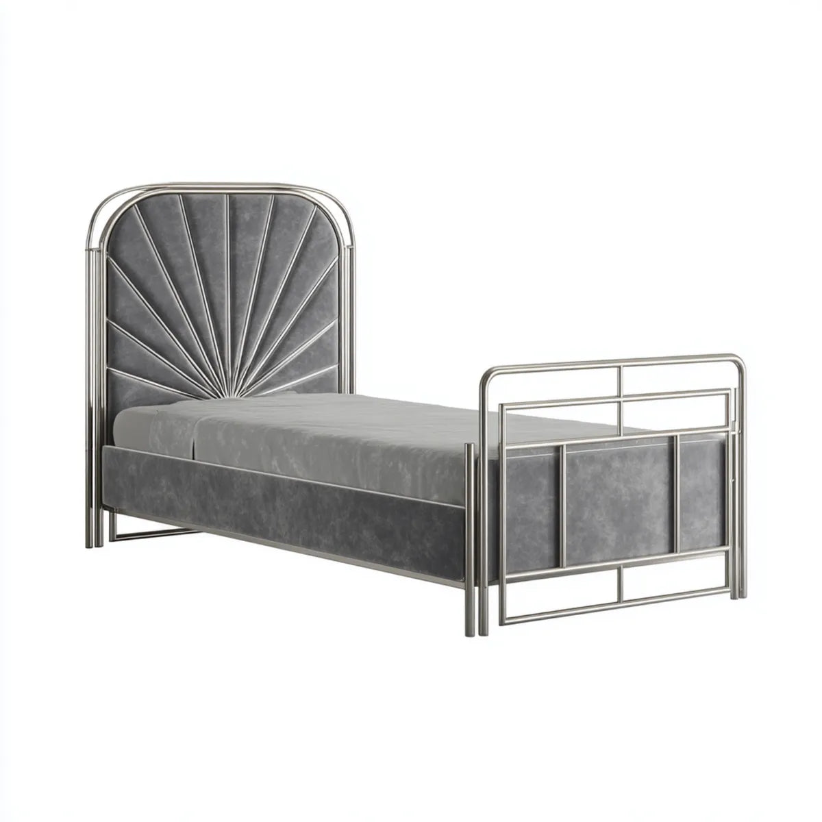 Lit simple gris 90 x 190 cm en acier et velours polyester à tête arrondie