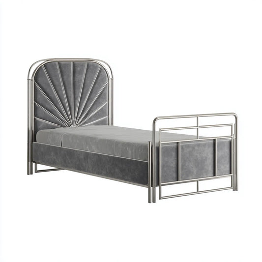 Lit simple gris 90 x 190 cm en acier et velours polyester à tête arrondie