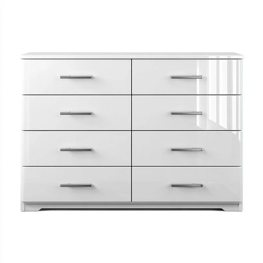 Commode 8 tiroirs blanche brillante 140 x 40 x 90 cm en panneaux MDF rectangulaire