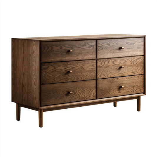 Commode 6 tiroirs marron en placage de chêne rectangulaire 150 x 45 x 85 cm